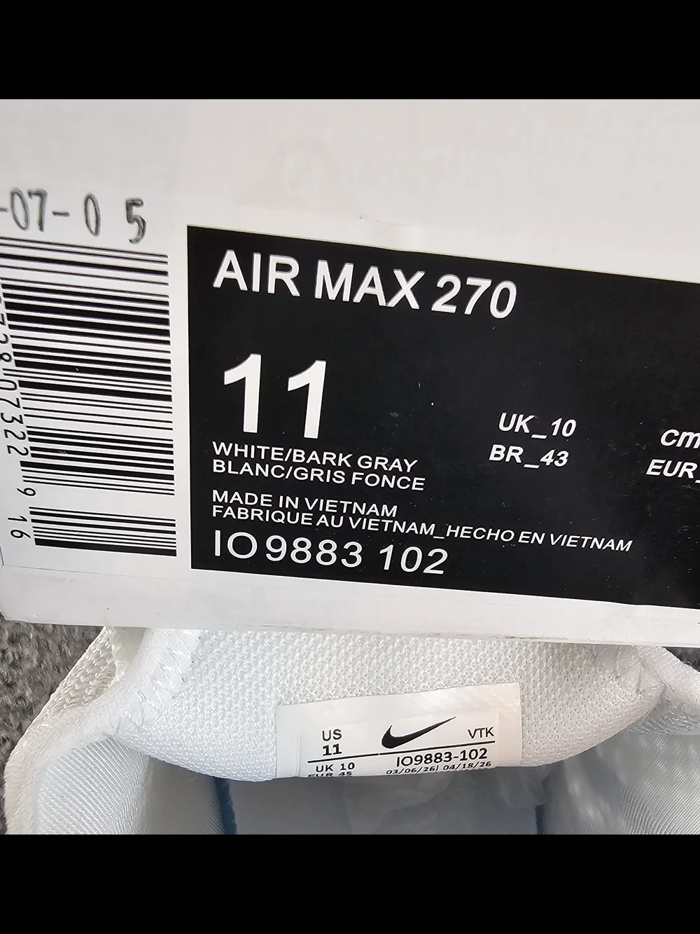 Nike Air Max 270 React White/bark Gray new Various Sizes New
